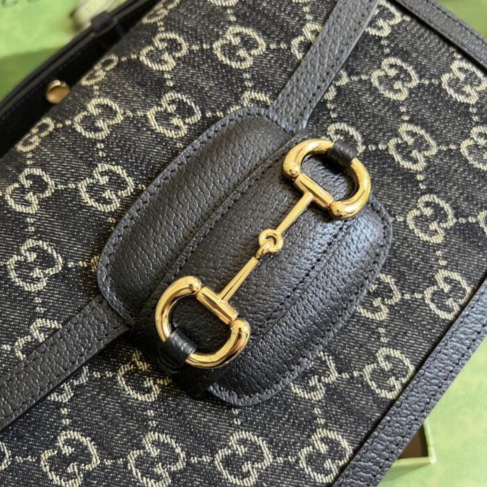 Gucci Horsebit 1955 Shoulder Bag Black And Ivory GG Denim Jacquard For Women 9.8in/25cm 602204 UN3BG 1274 - Image 2