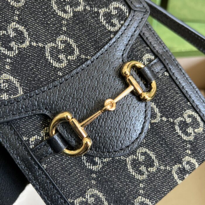 Gucci Horsebit 1955 Mini Bag Black And Ivory GG Denim Jacquard For Women 6.7in/17cm 625615 UN3BG 1274 - Image 7