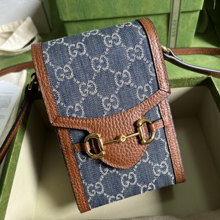 Gucci Horsebit 1955 Mini Bag Blue And Ivory GG Denim Jacquard For Women 6.7in/17cm 625615 2KQGG 8375