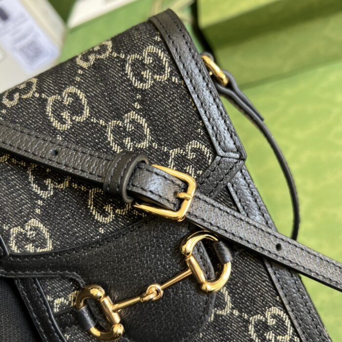 Gucci Horsebit 1955 Mini Bag Black And Ivory GG Denim Jacquard For Women 6.7in/17cm 625615 UN3BG 1274 - Image 4