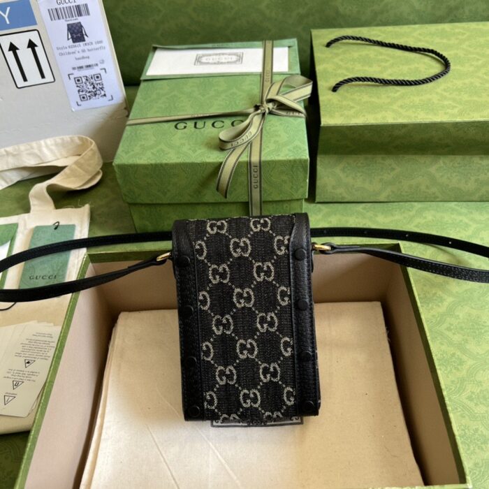 Gucci Horsebit 1955 Mini Bag Black And Ivory GG Denim Jacquard For Women 6.7in/17cm 625615 UN3BG 1274 - Image 3