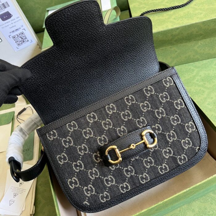 Gucci Horsebit 1955 Shoulder Bag Black And Ivory GG Denim Jacquard For Women 9.8in/25cm 602204 UN3BG 1274 - Image 4