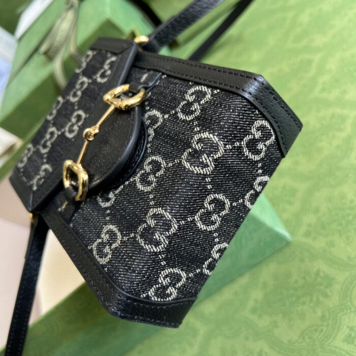 Gucci Horsebit 1955 Mini Bag Black And Ivory GG Denim Jacquard For Women 6.7in/17cm 625615 UN3BG 1274 - Image 2