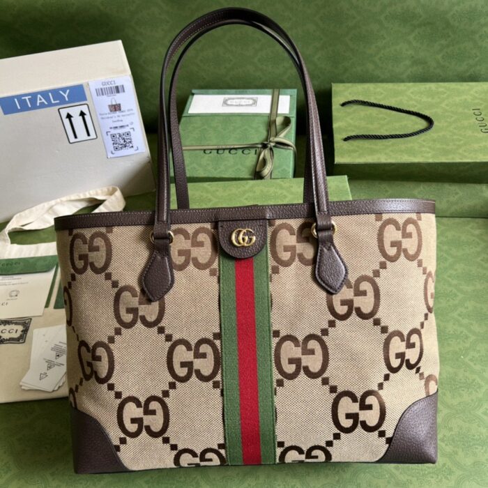 Gucci Ophidia Jumbo GG Medium Tote Camel And Ebony Jumbo Canvas For Women 15in/38cm 631685 UKMDG 2570