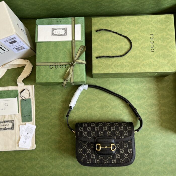 Gucci Horsebit 1955 Shoulder Bag Black And Ivory GG Denim Jacquard For Women 9.8in/25cm 602204 UN3BG 1274 - Image 3