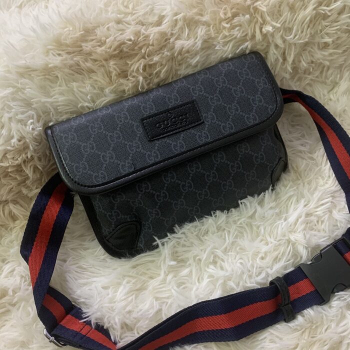 Gucci GG Black Belt Bag Black/Grey GG Supreme Canvas With Black For Men 9in/24cm GG ‎598113 K5RLN 1095